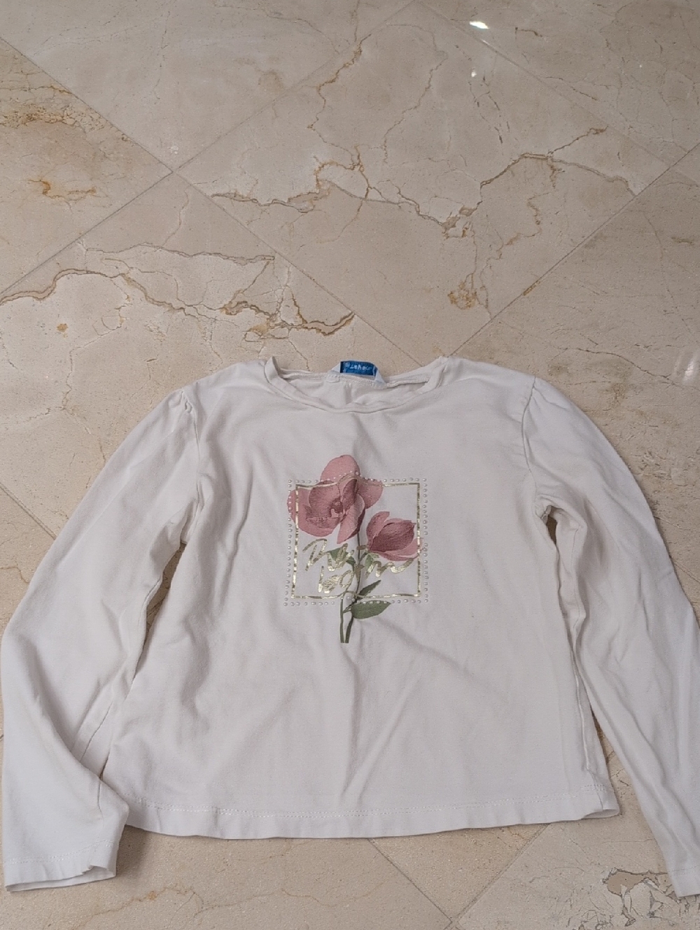 Mayoral Kids White Long Sleeve Tee with Pink Floral Graphic Size 7